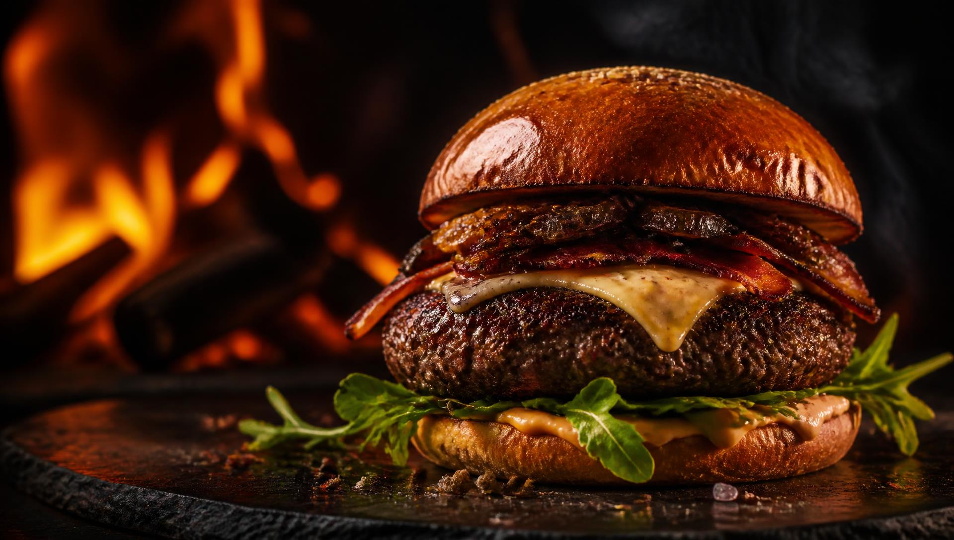 Hamburguesa gourmet a la parrilla con llamas de fondo